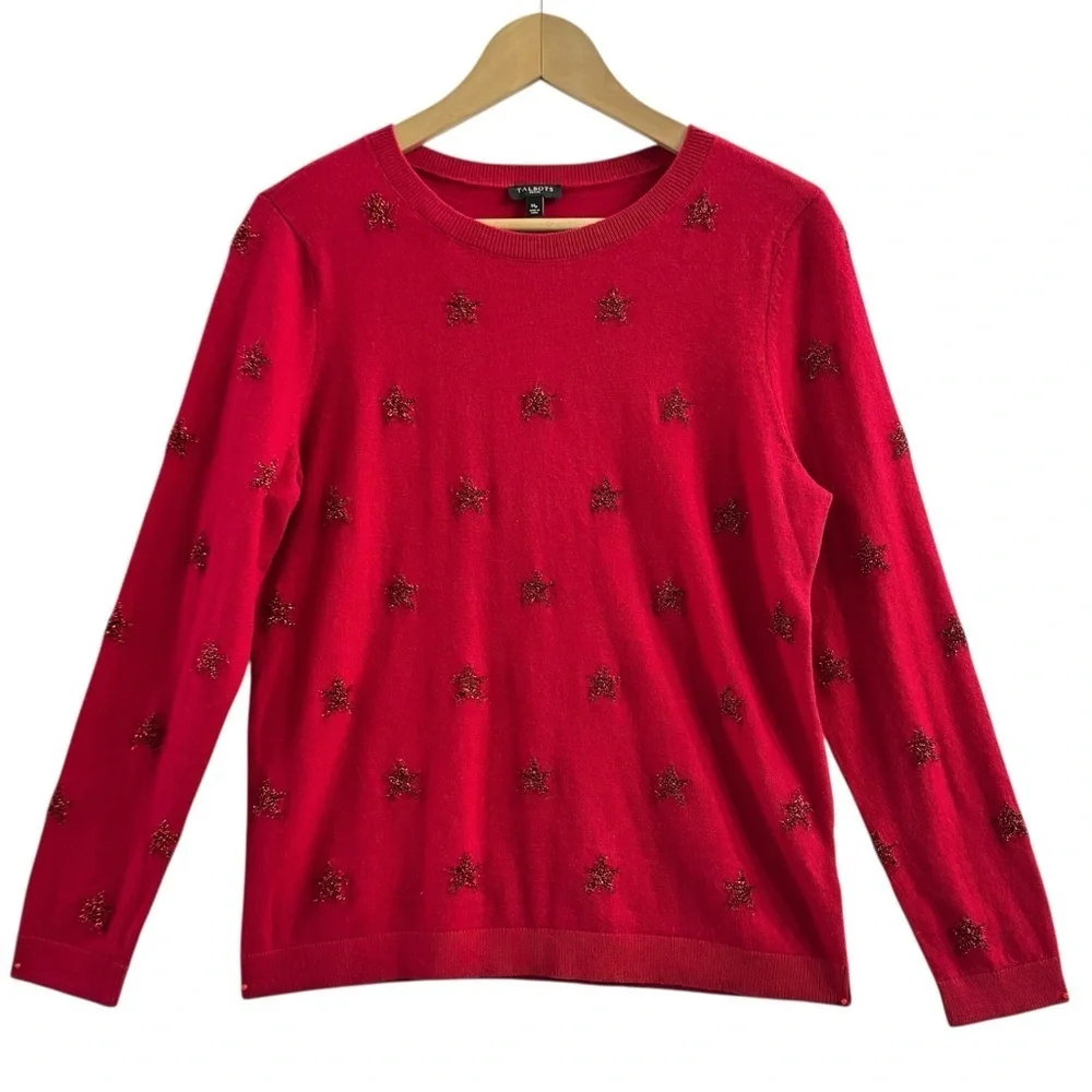 Talbots Petite Red Star Sweater MP Metallic Stars Crewneck Holiday